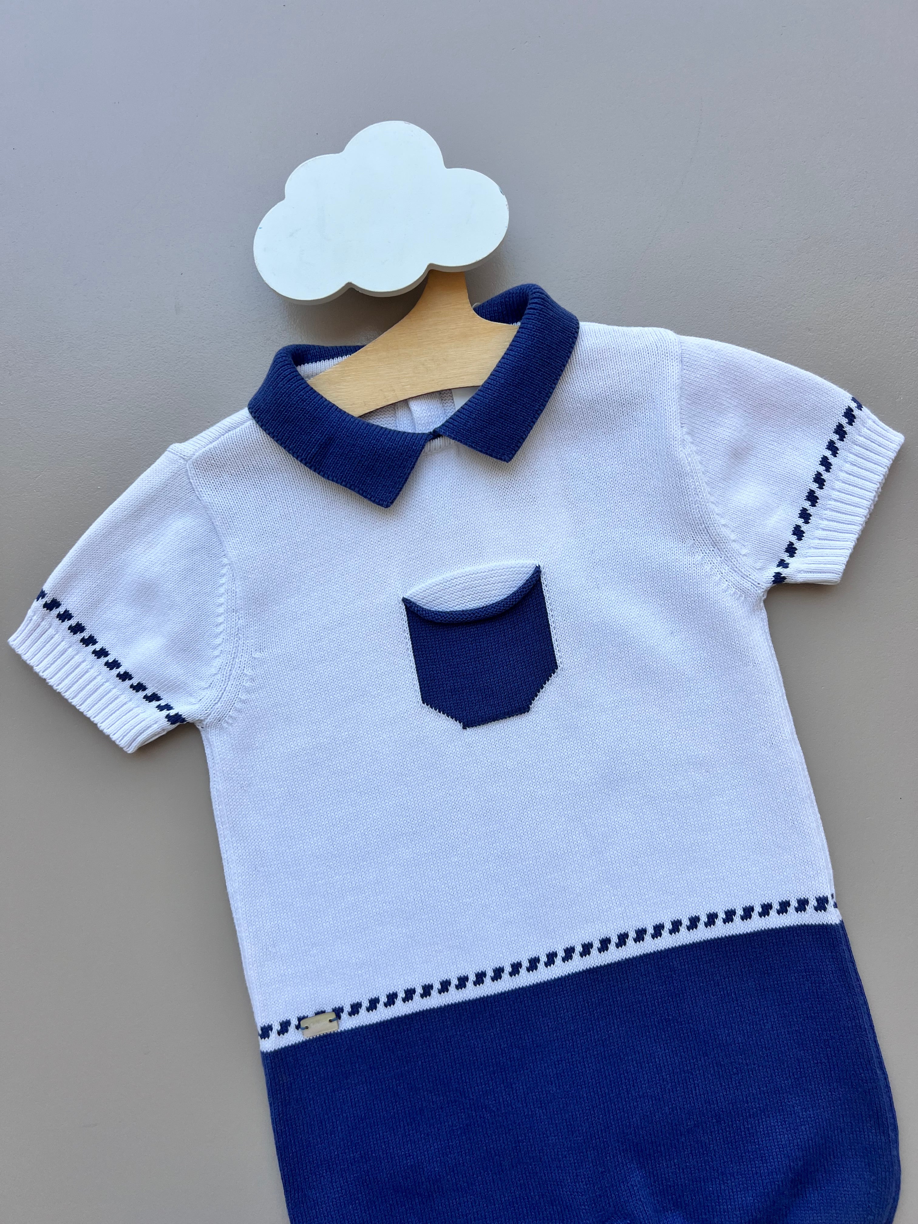 Grey And Navy Blue Short Sleeves Romper Organic Cotton