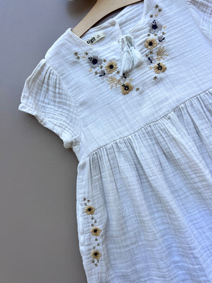 White Embroidered Dress Short Sleeves Flowers