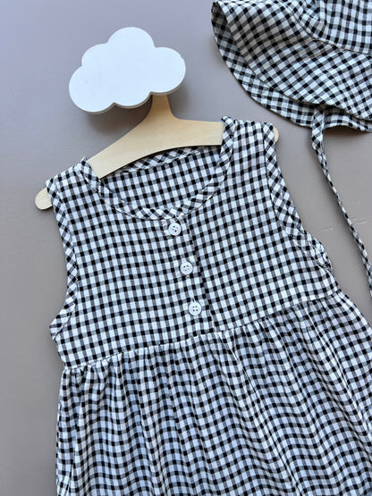 Black and White Carreaux Romper With Hat 2Pcs Set