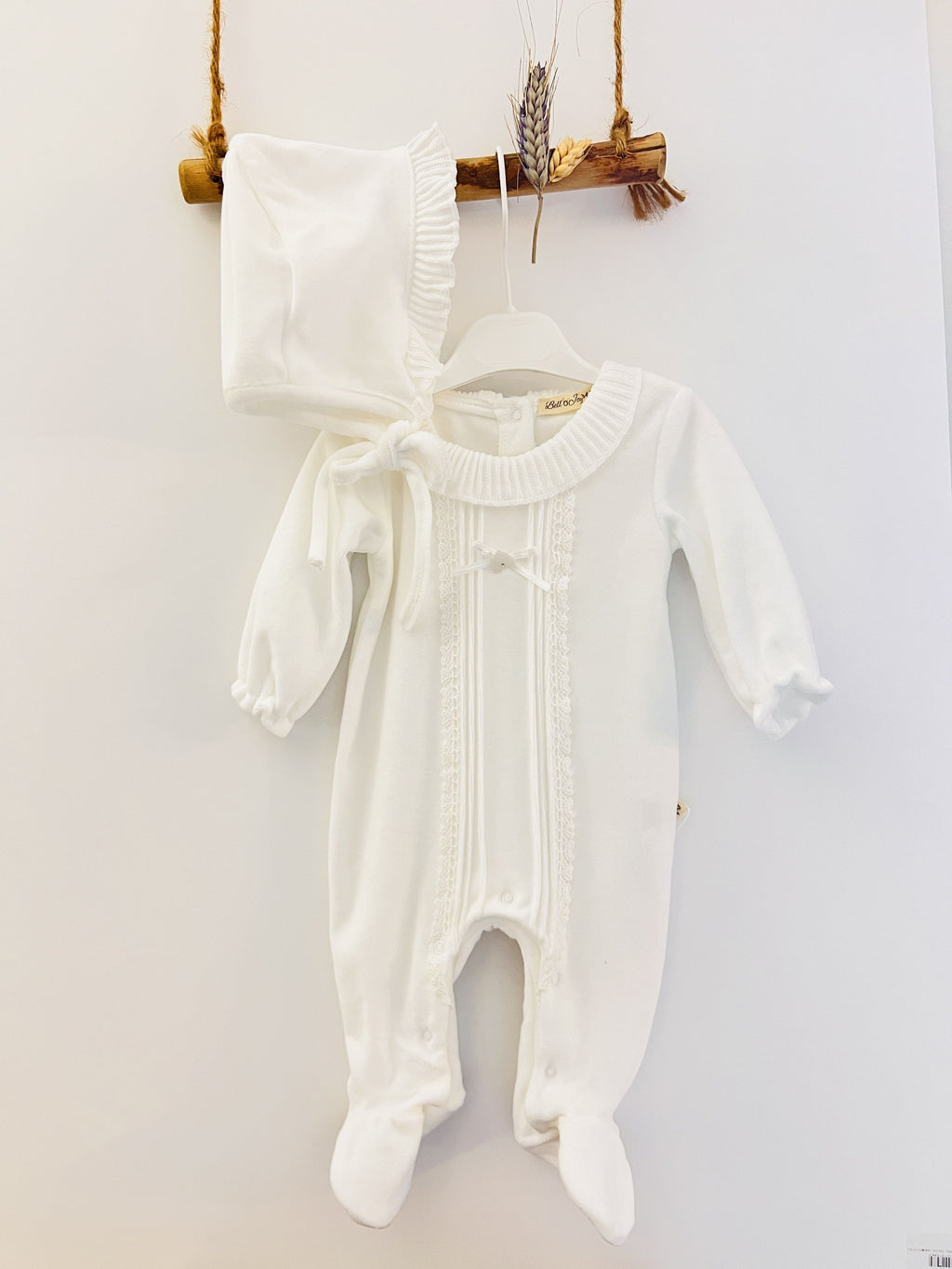 White Heart Velvet Footed Overall With Hat