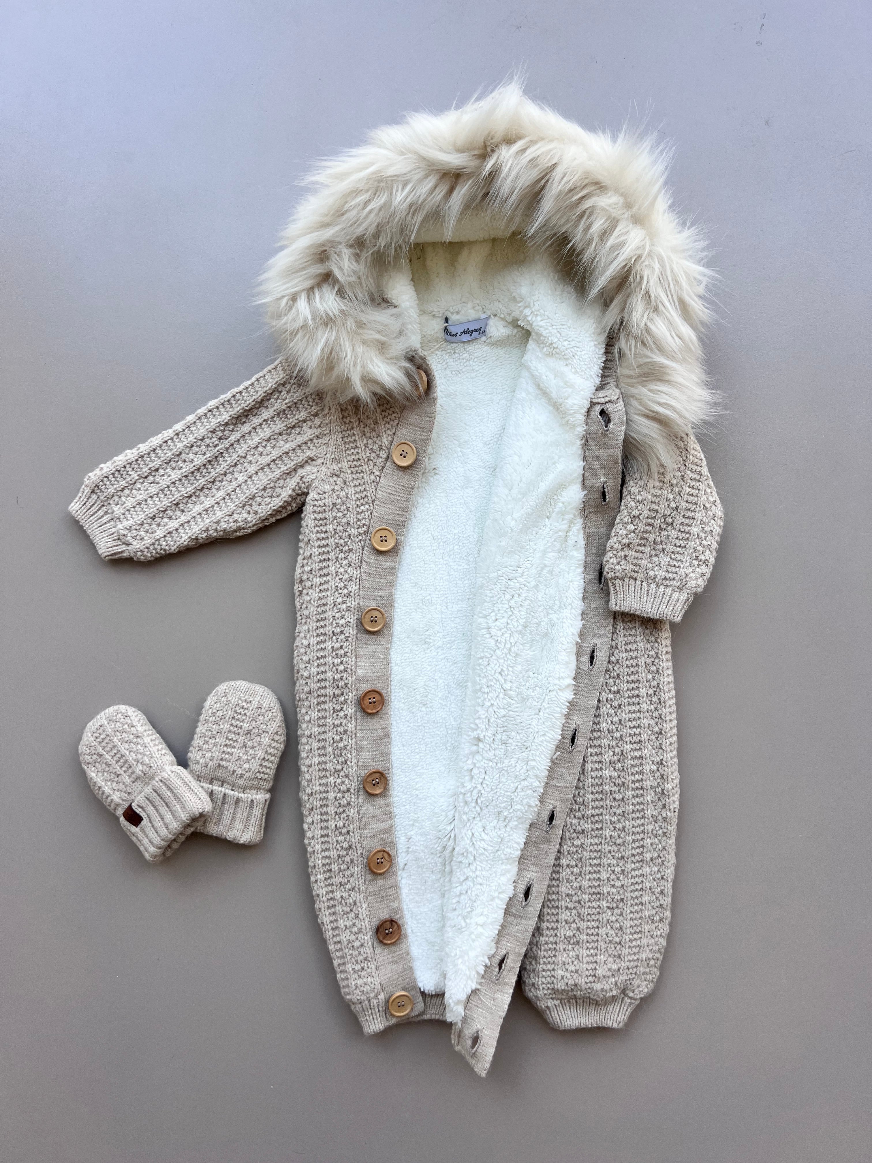 Beige Thick Wool Fur Inside Overall With Mittens 2Pcs