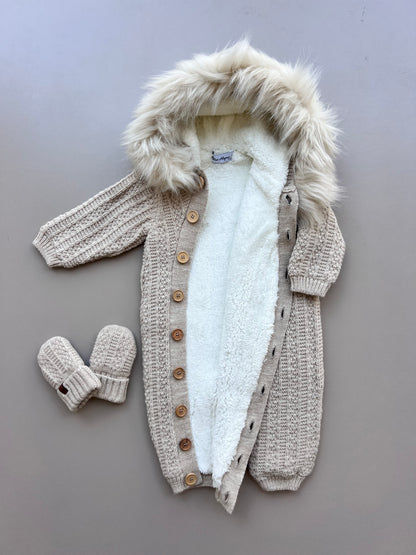 Beige Thick Wool Fur Inside Overall With Mittens 2Pcs