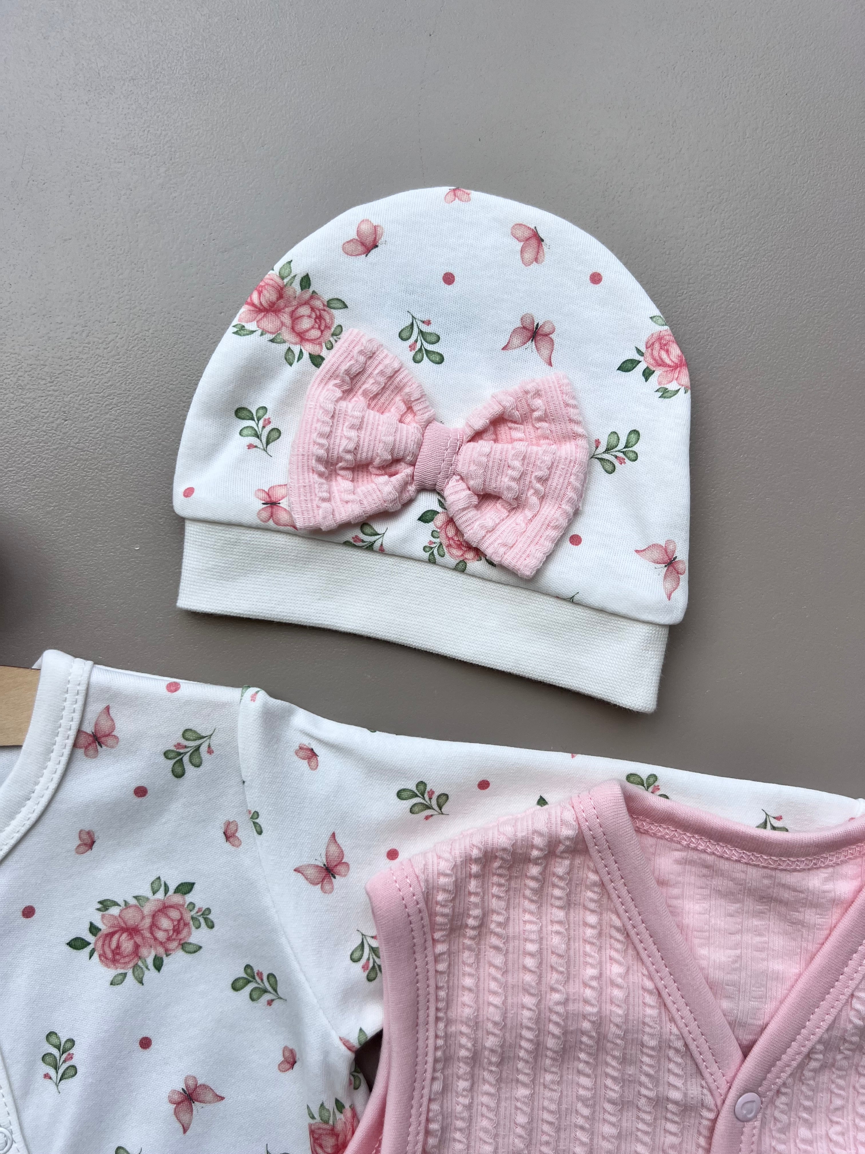White & Pink GOTS™ Certified Organic Cotton Flowers Long Sleeves Overall 4 Pcs