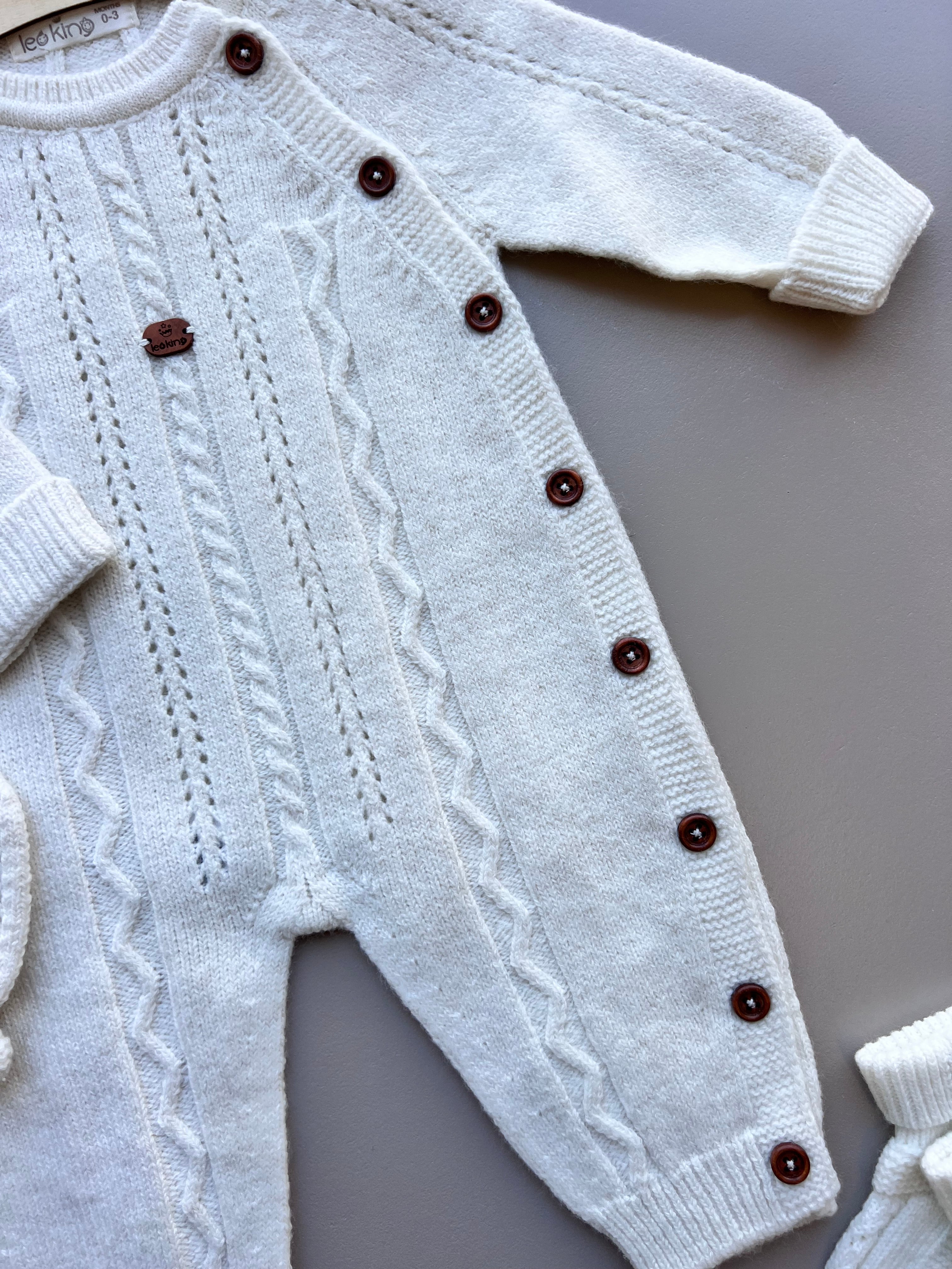 Off-White Merino Wool Brown Buttons Hospital Set 4 Pcs