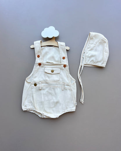Ecru/Brown Contrast Salopettes with Hat 2Pcs Set