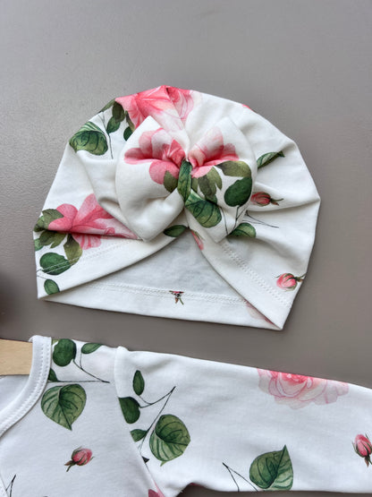 White & Pink GOTS™ Certified Organic Cotton Rose Long Sleeves Overall 3Pcs