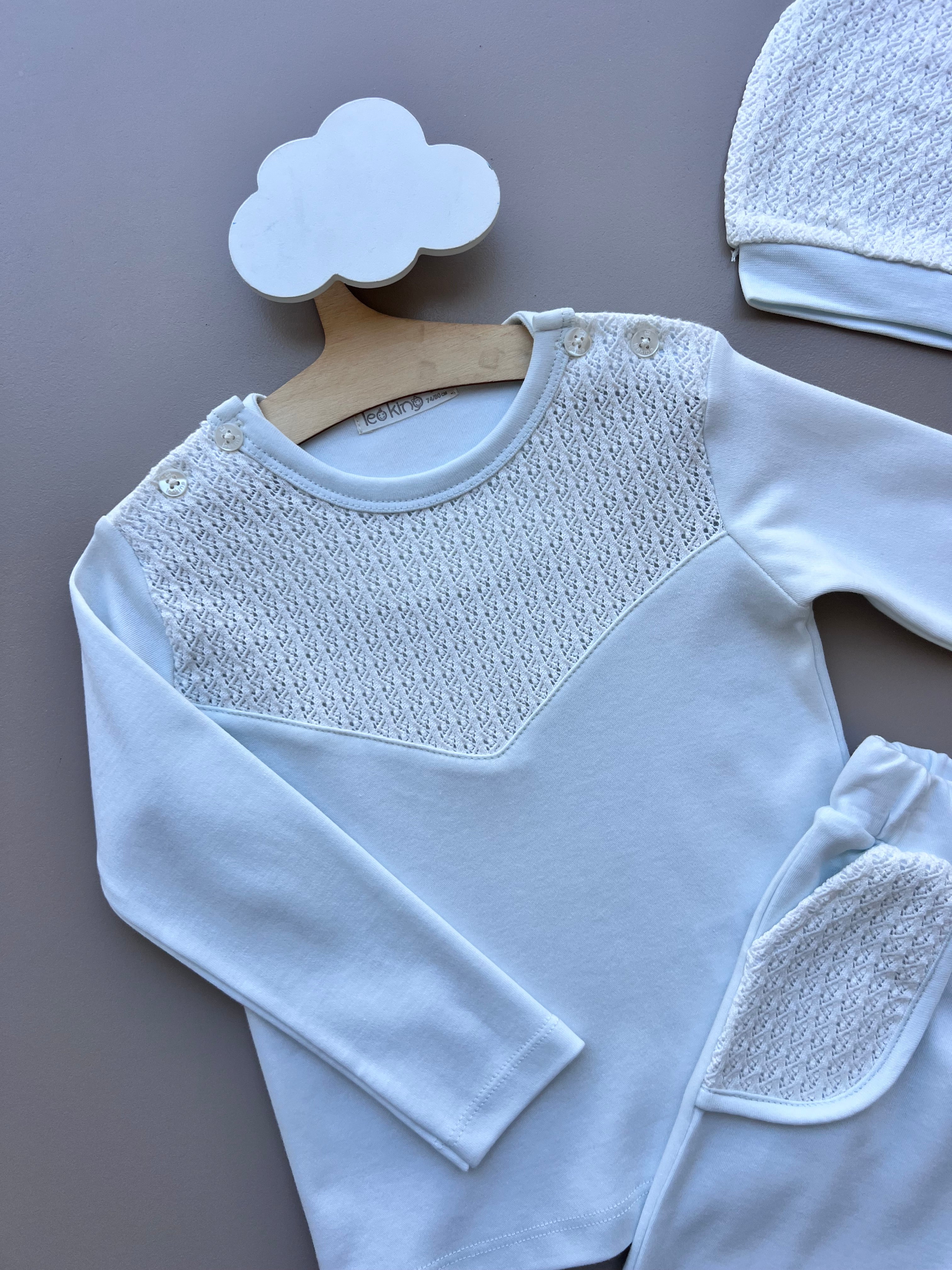 Baby Blue And White Organic Cotton Set 3 Pcs With Hat