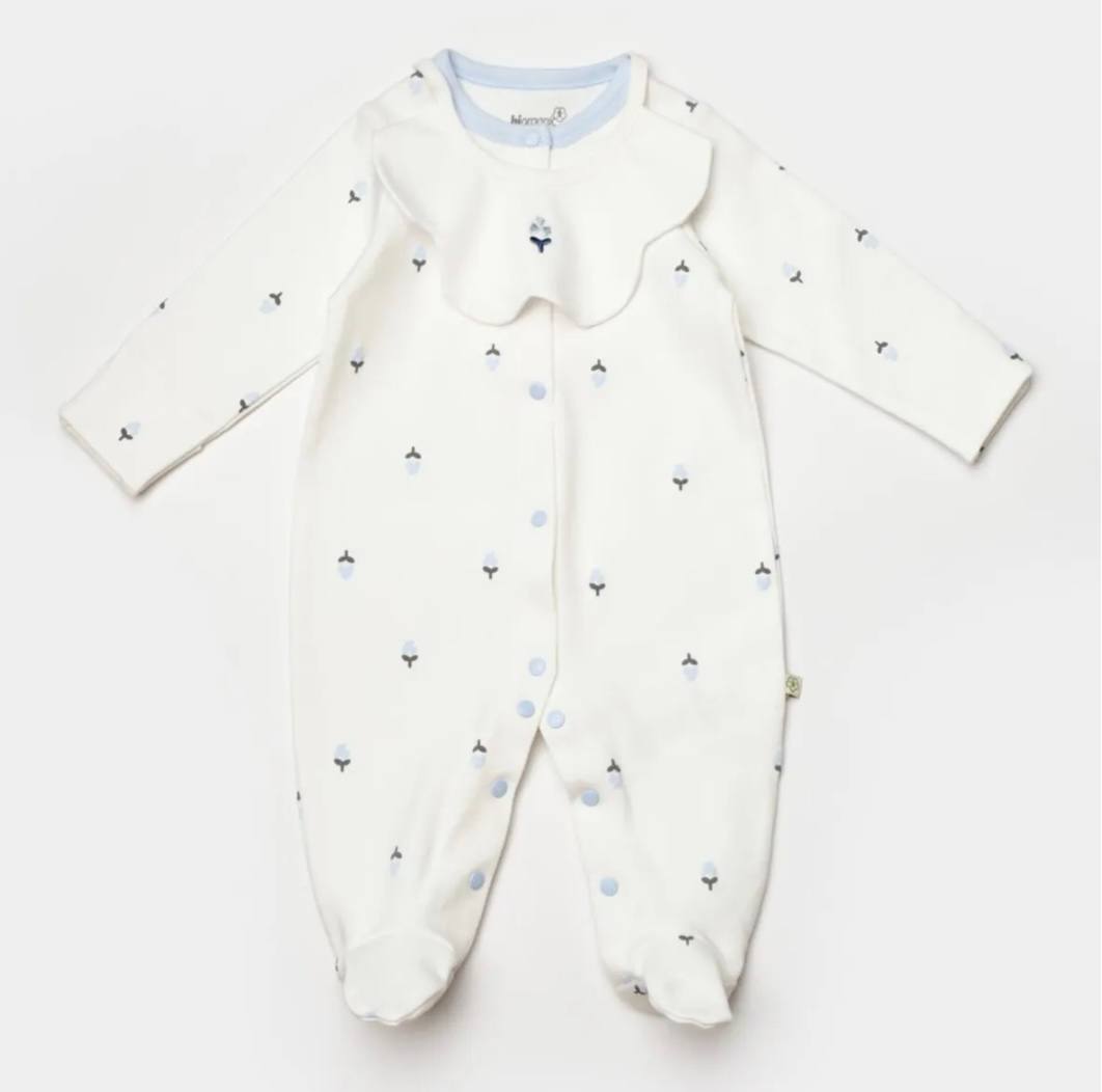 White And Blue Flower Organic Cotton Overall With Bib