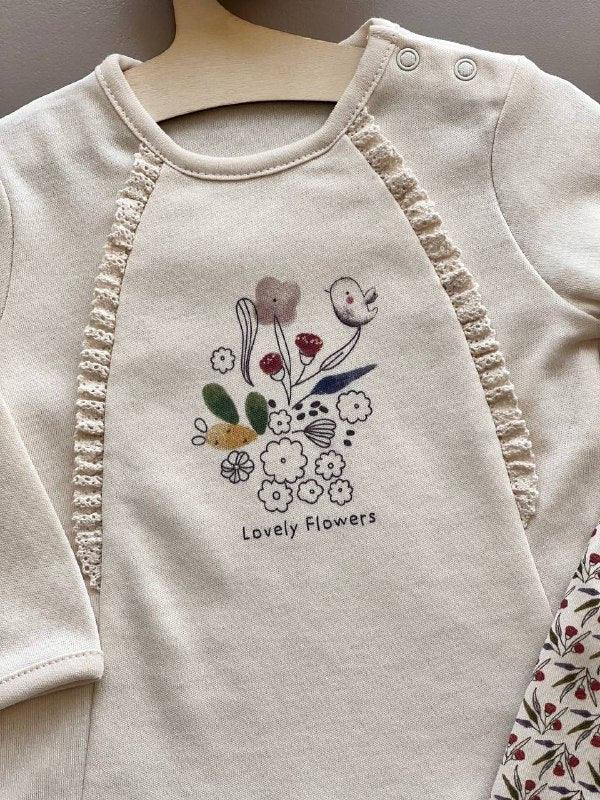 Beige And lovely Red Flowers Organic Cotton Set 2 Pcs - La Farandole Paris