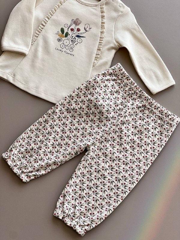 Beige And lovely Red Flowers Organic Cotton Set 2 Pcs - La Farandole Paris