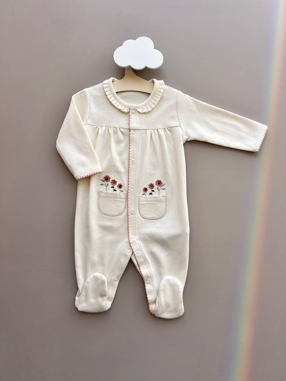 Beige Organic Cotton Overall Flower Design - La Farandole Paris