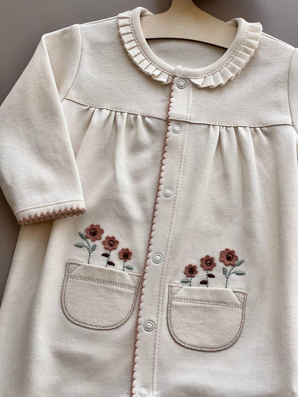 Beige Organic Cotton Overall Flower Design - La Farandole Paris