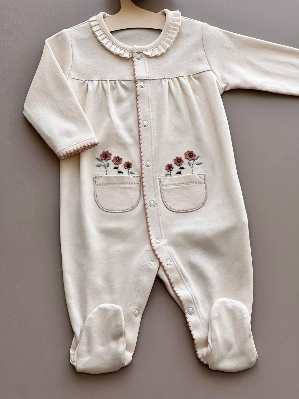 Beige Organic Cotton Overall Flower Design - La Farandole Paris