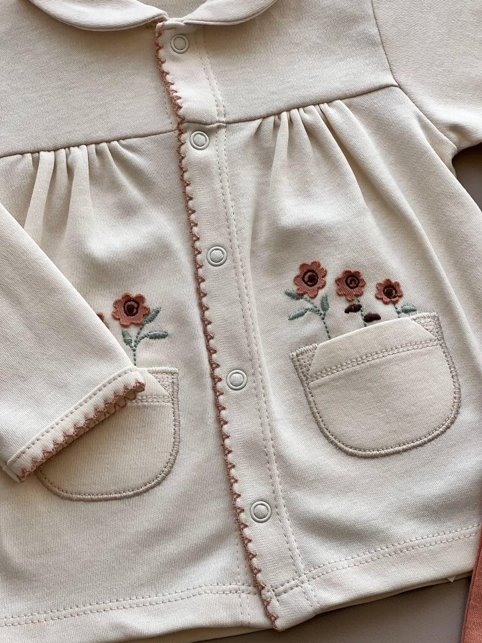 Beige Brique Flowers Poche Organic Cotton Set 2 Pcs - La Farandole Paris