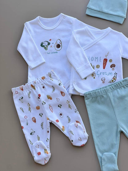 White And Sea Green Organic Cotton Vegetables 6 Pcs - La Farandole Paris