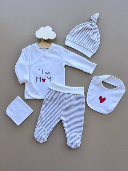 White And Grey Organic Cotton 5 Pcs I Love Mom - La Farandole Paris