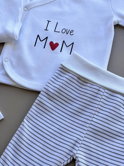 White And Grey Organic Cotton 5 Pcs I Love Mom - La Farandole Paris