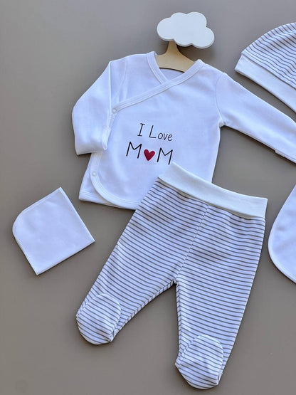 White And Grey Organic Cotton 5 Pcs I Love Mom - La Farandole Paris