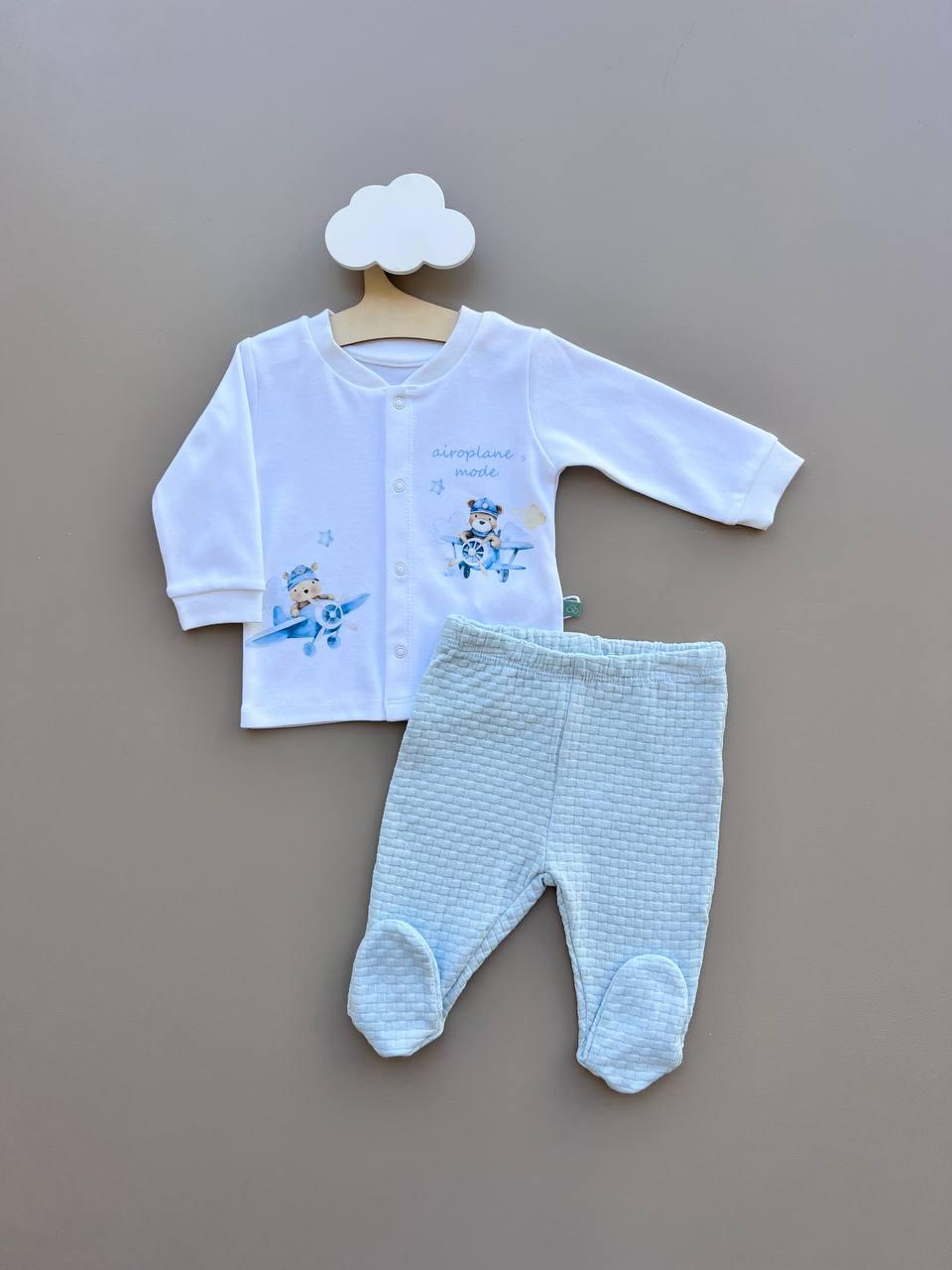 White And Blue Organic Cotton Set 2 Pcs Plane/bear - La Farandole Paris