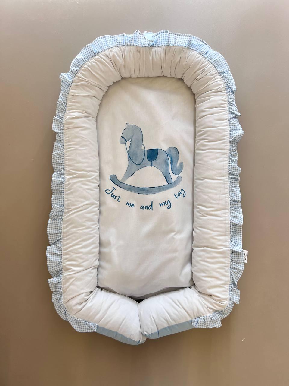 White And Blue Horse Organic Cotton Baby Nest - La Farandole Paris