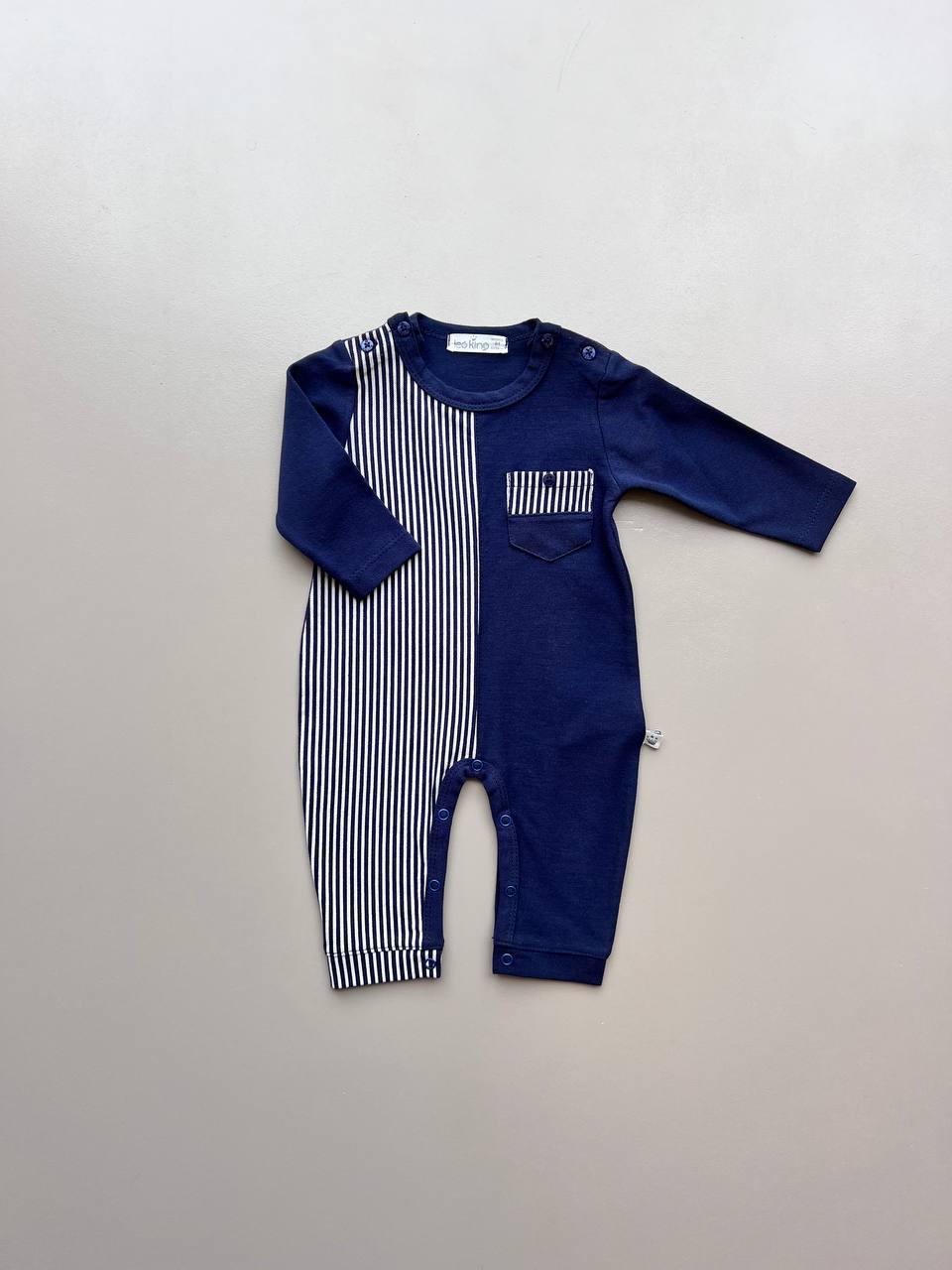 Navy Blue Organic Cotton Stripped Overall - La Farandole Paris