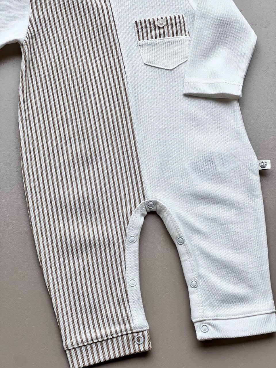 White And Beige Organic Cotton Stripped Overall - La Farandole Paris