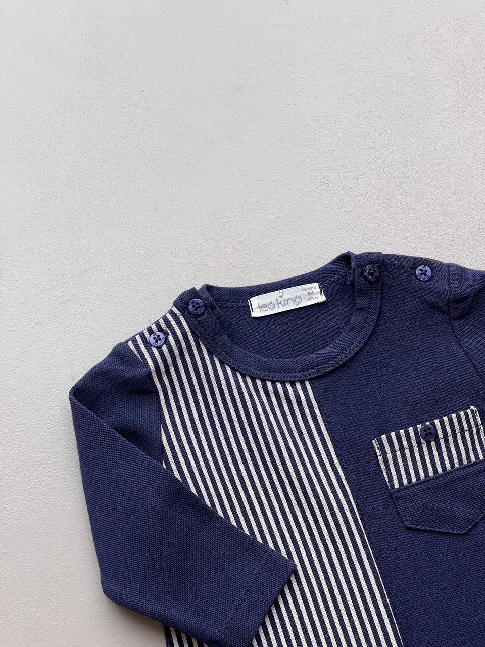 Navy Blue Organic Cotton Stripped Overall - La Farandole Paris