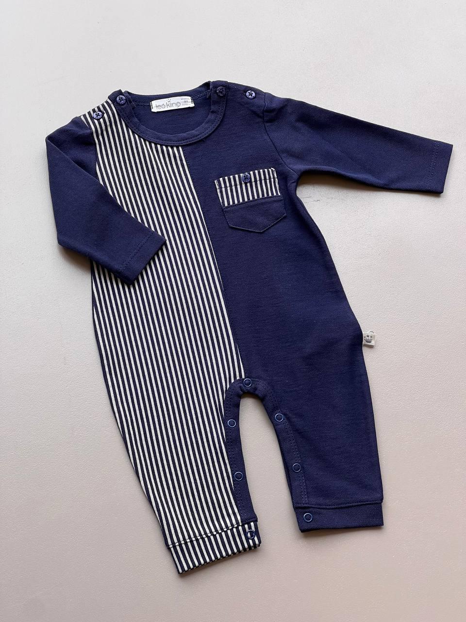 Navy Blue Organic Cotton Stripped Overall - La Farandole Paris