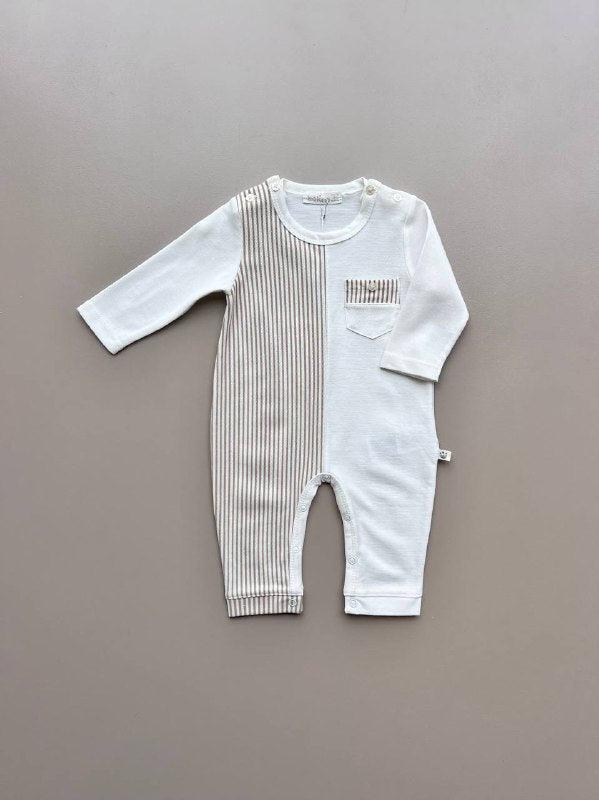 White And Beige Organic Cotton Stripped Overall - La Farandole Paris