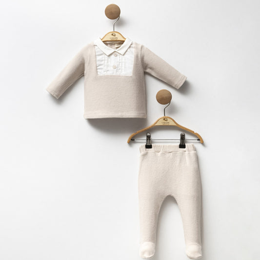 Light Beige and White Polo Velvet Footed 2pcs Set