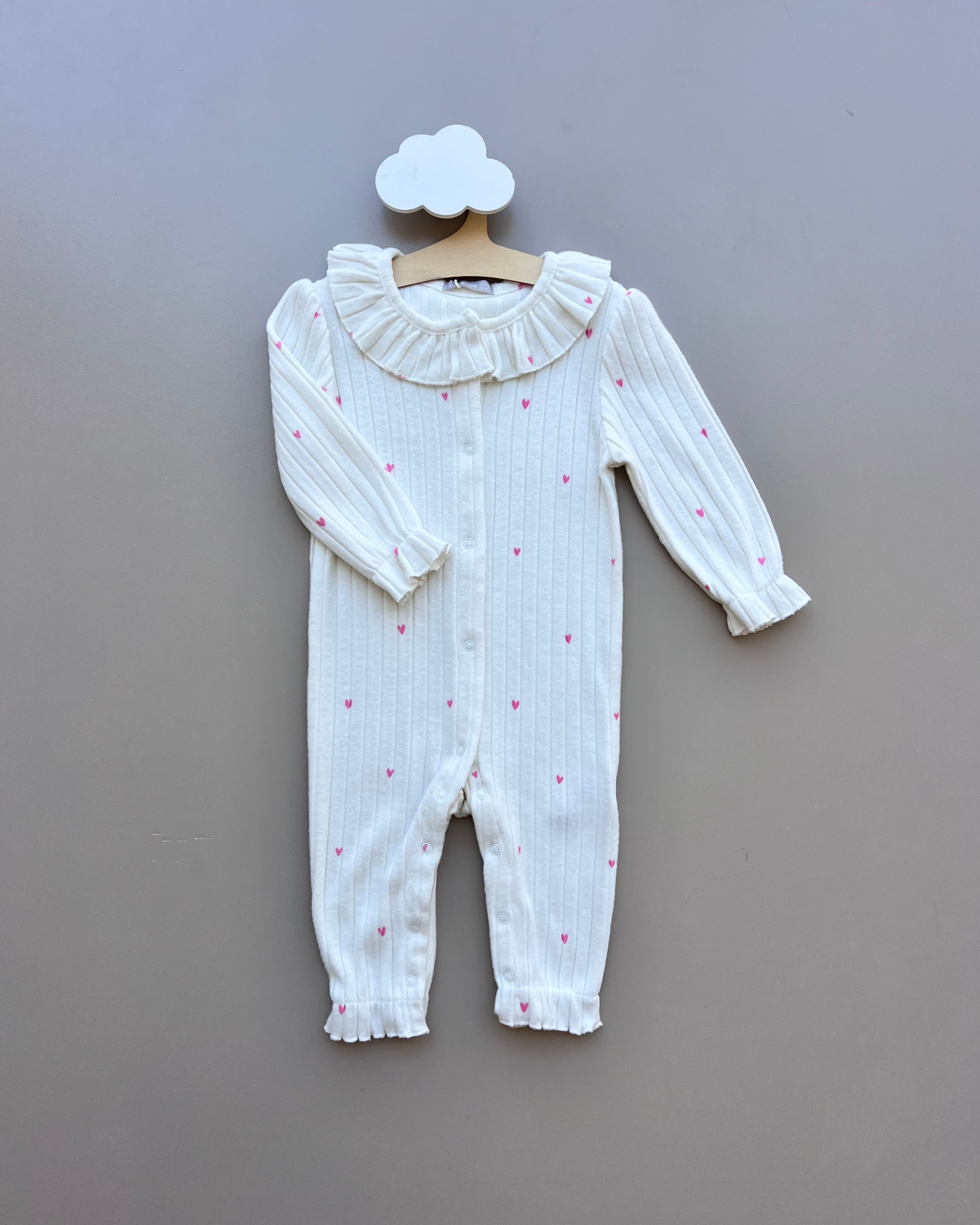 Off White Soft Velvet Heart Ruffles Overall