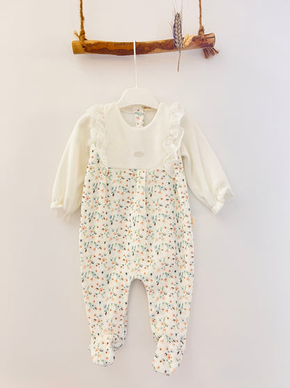 White & Flower Velvet Footed Overall