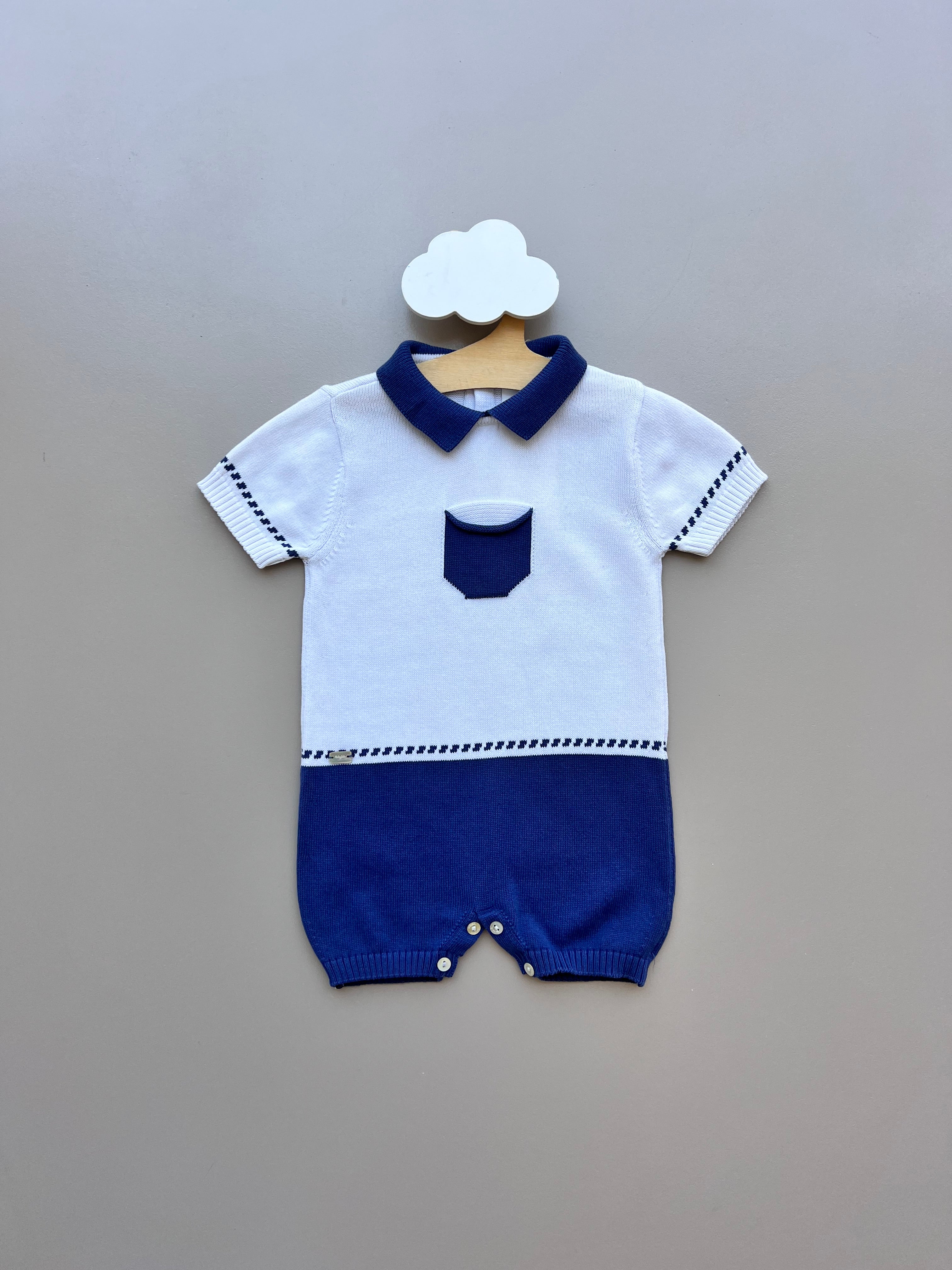 Grey And Navy Blue Short Sleeves Romper Organic Cotton