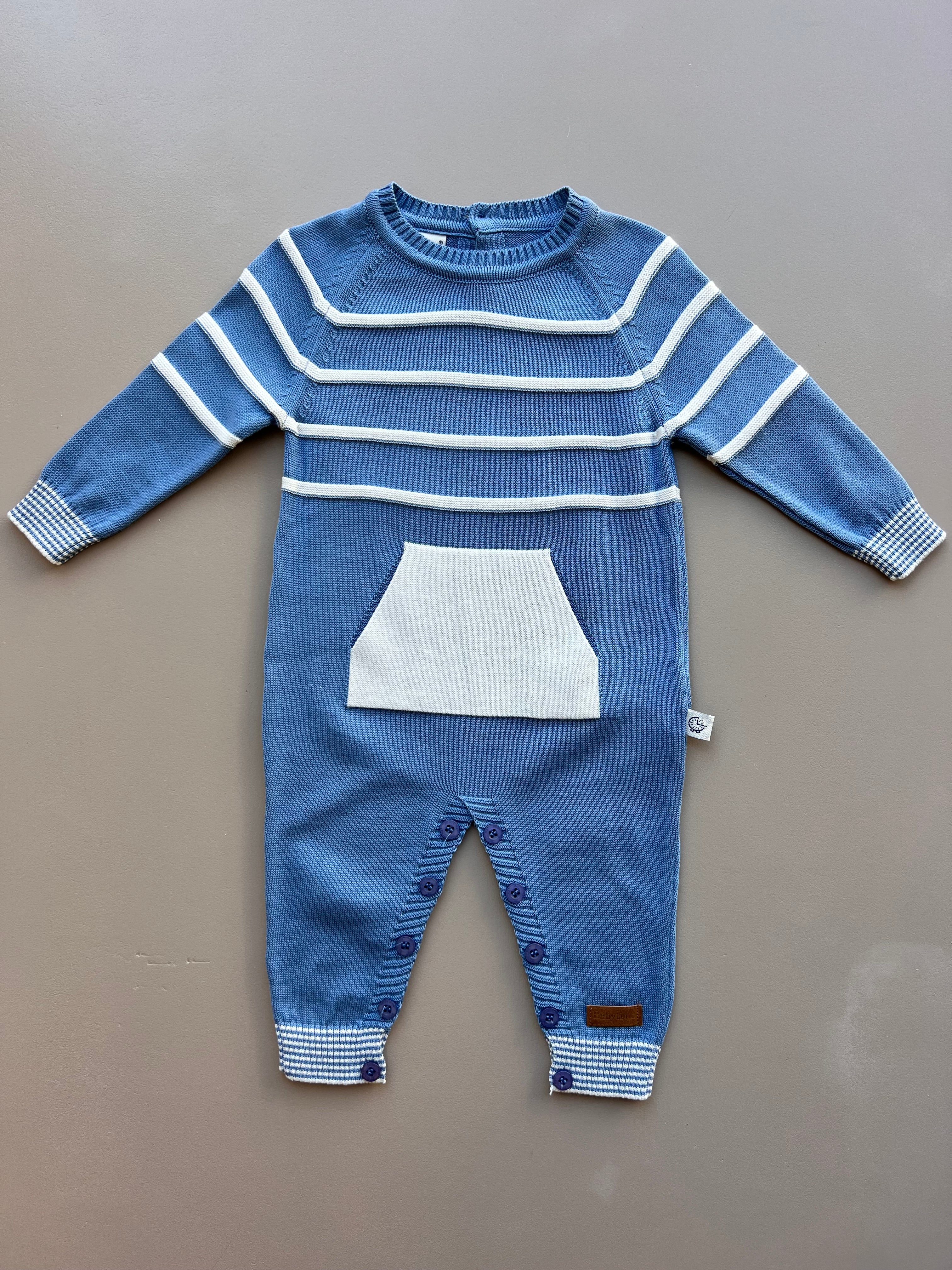 Blue And Off-White Striped Cotton Overall With Pocket