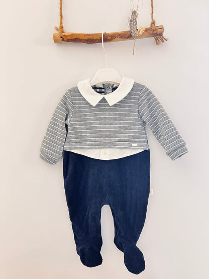 Navy & Gray Polo Velvet Footed Overall