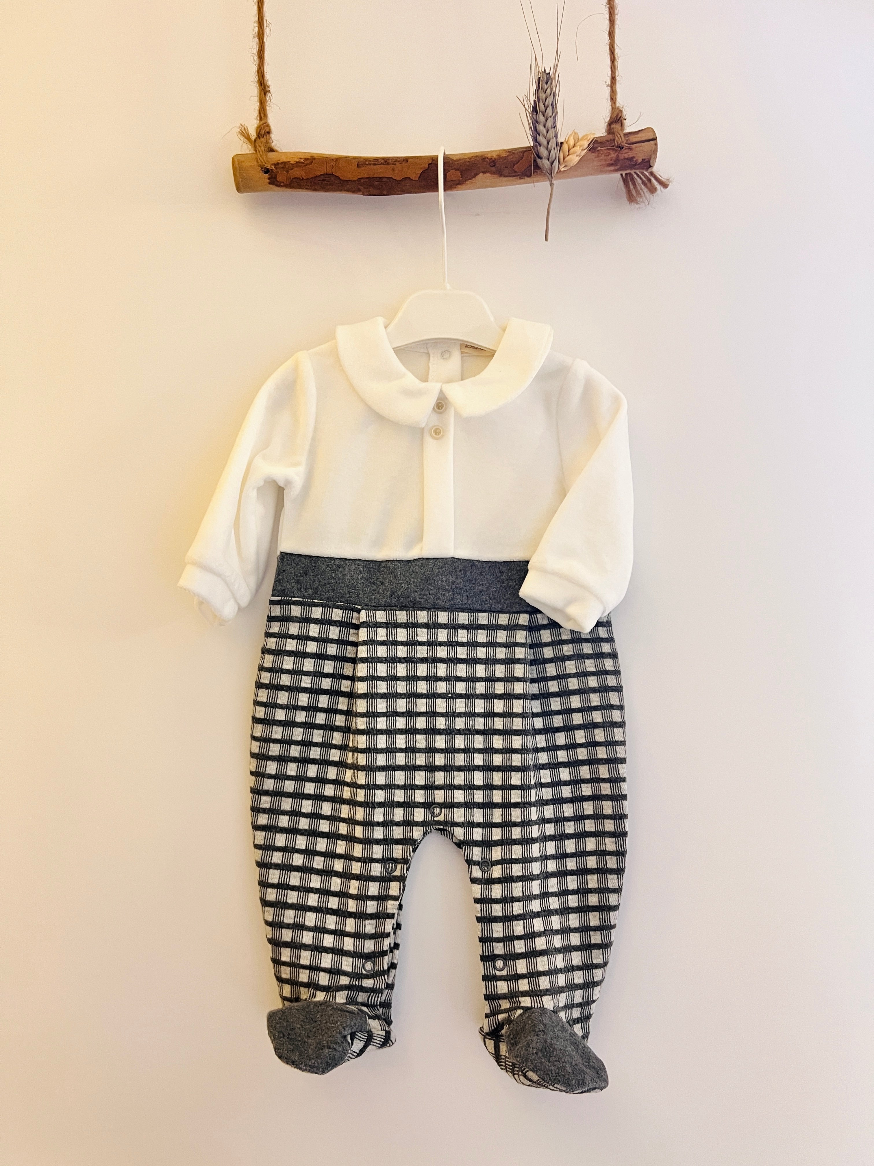 Gray & White Polo Velvet Footed Overall