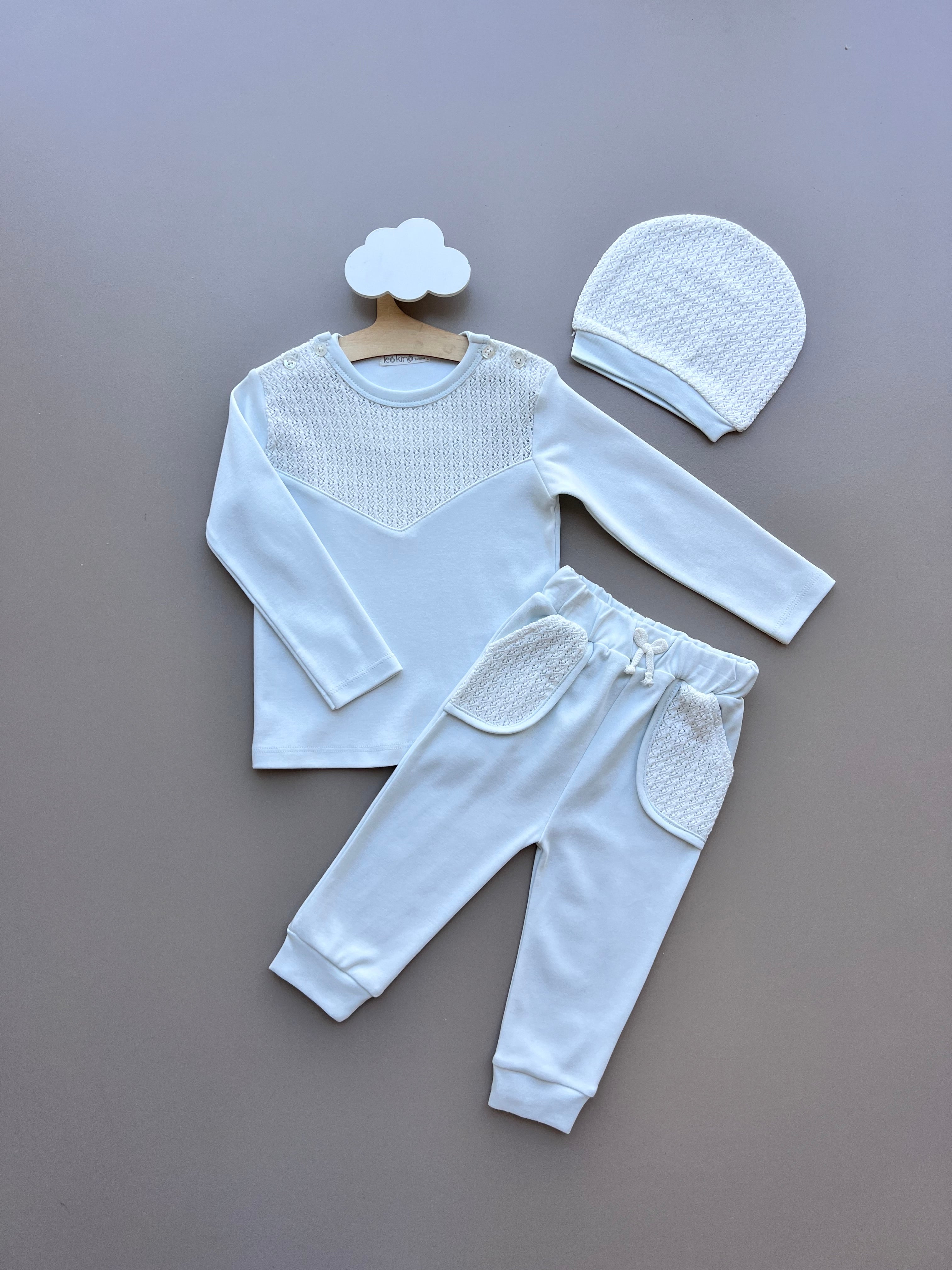 Baby Blue And White Organic Cotton Set 3 Pcs With Hat