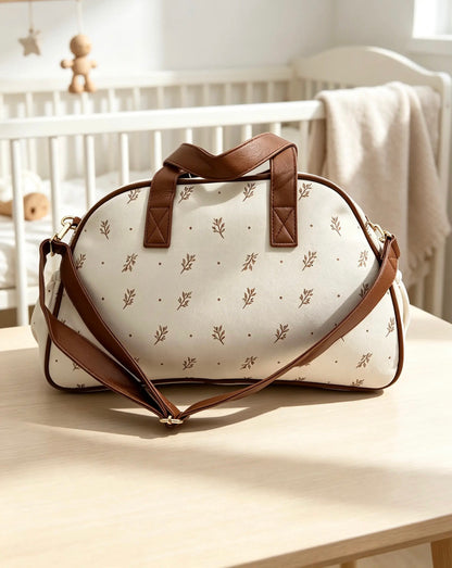 Flowers Beige Leather Diaper Bag