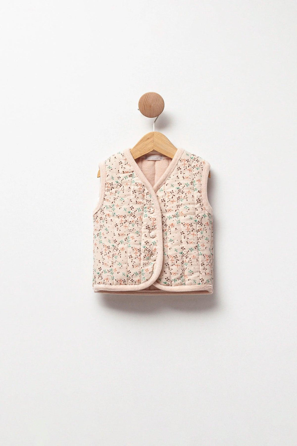 Beige Muslin and Velvet Flowers Padded Vest - La Farandole Paris