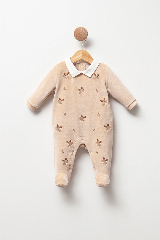 Beige Velvet Polo Embroidered Dog Overall