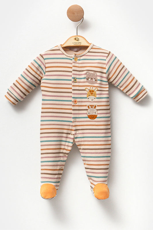 Beige Stripped Cotton Animals Design Overall