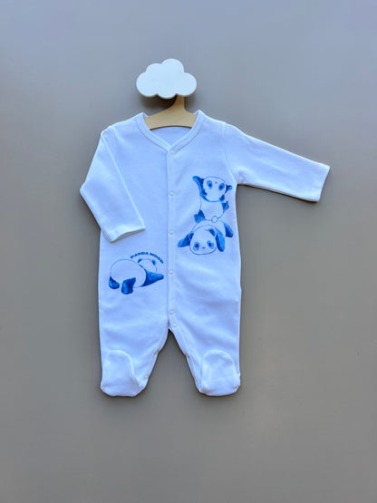 White & Blue GOTS™ Certified Organic Cotton Panda Long Sleeves Overall