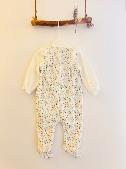 White & Flower Velvet Footed Overall