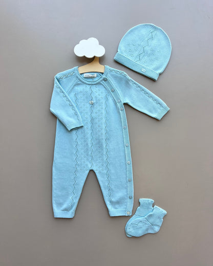 Blue Organic Cotton 2 Pcs Overall With Hat