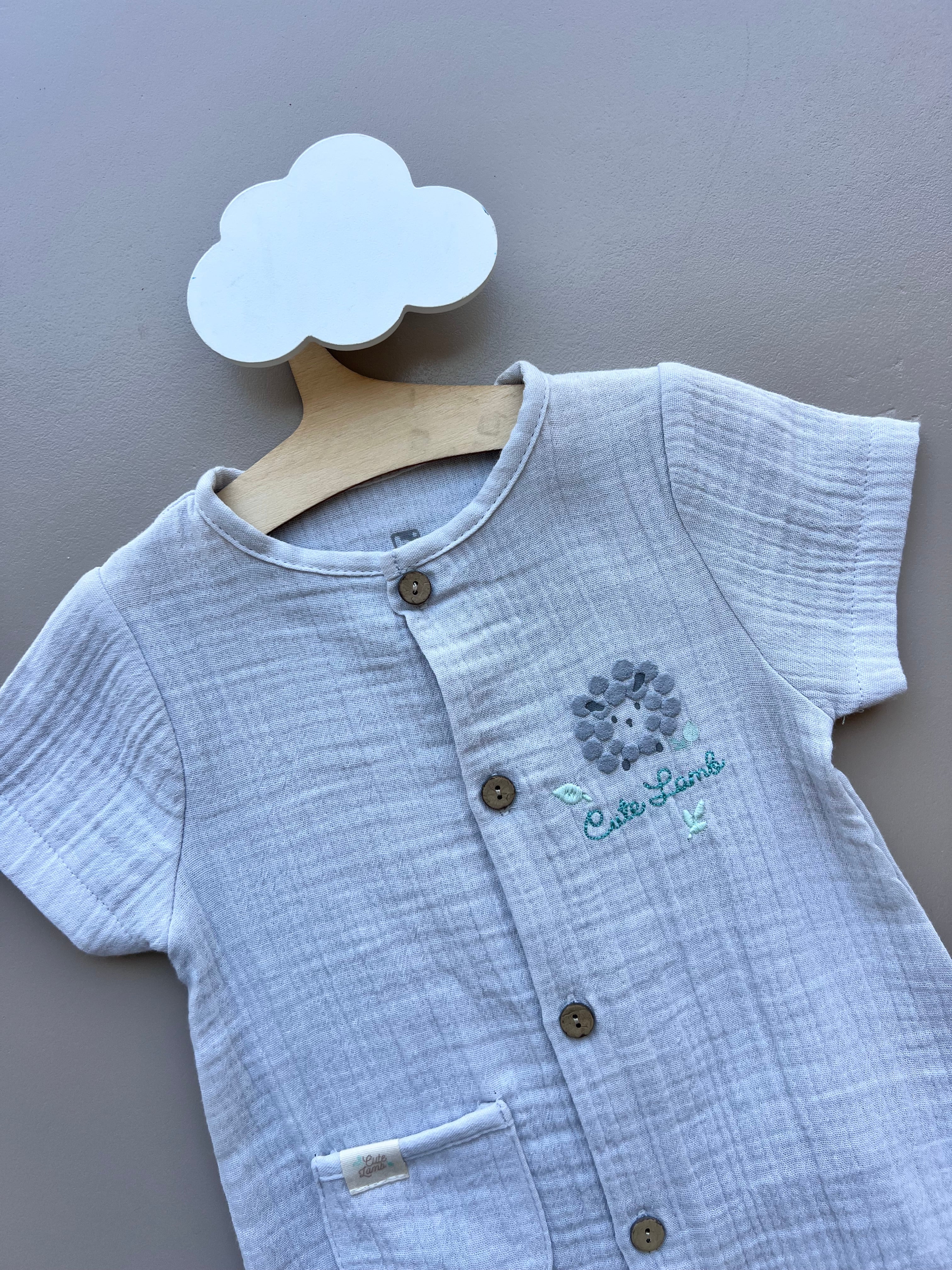 Grey Muslin Romper Cutie Lamb