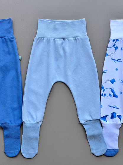 Blue & White GOTS™ Certified Organic Cotton Panda Footed Pants 3 Pcs Set