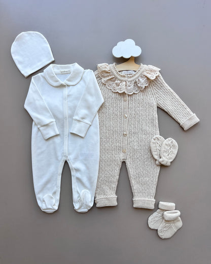 Beige Merino Wool Ruffles Hospital Set 5 Pcs