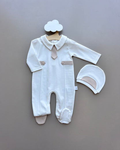 White & Beige Cravatte Organic Cotton 2 Pcs Overall With Hat