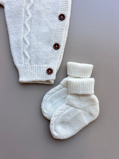 Off-White Merino Wool Brown Buttons Hospital Set 4 Pcs