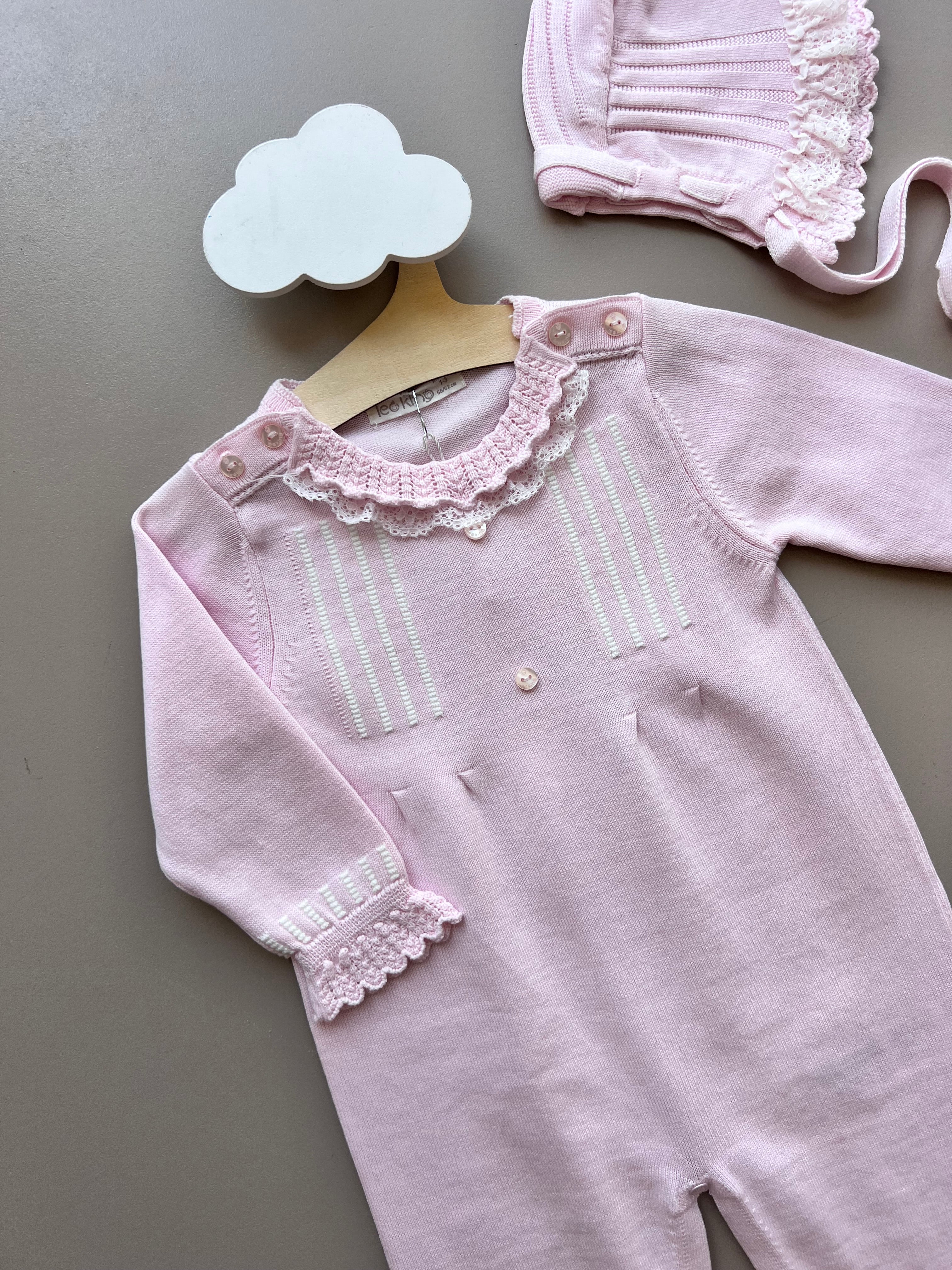 Light Pink/White Ruffles Organic Cotton Overall With Hat